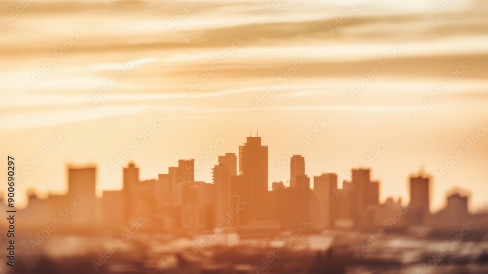 Obraz premium Golden Hour Cityscape with Urban Skyline Silhouetted Against a Warm Sunset Sky