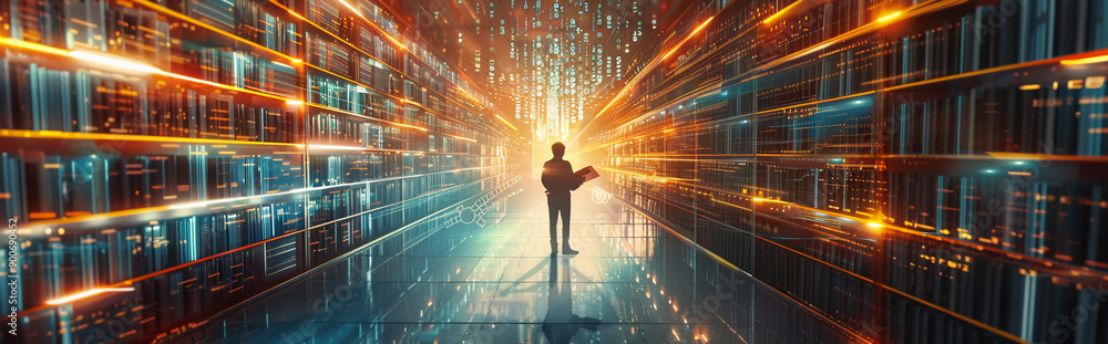 Obraz premium Person visits a futuristic digital library