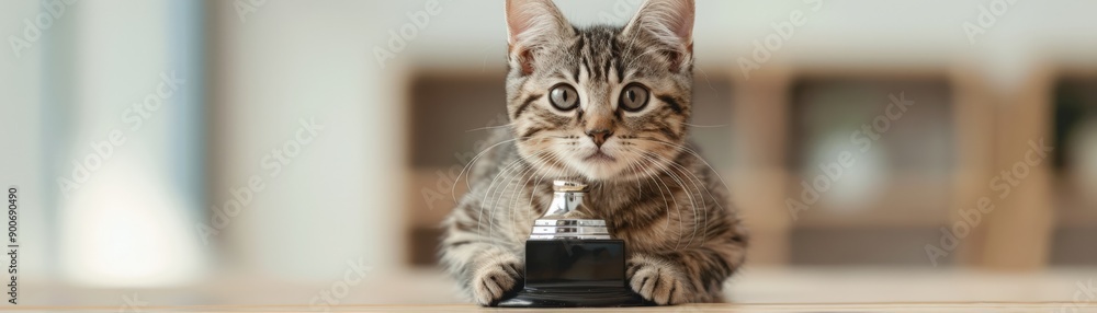 A playful cat sitting beside a small bell, showcasing curiosity and charm in a cozy interior setting. A playful cat sitting beside a small bell, showcasing curiosity and charm in a cozy interior setting.