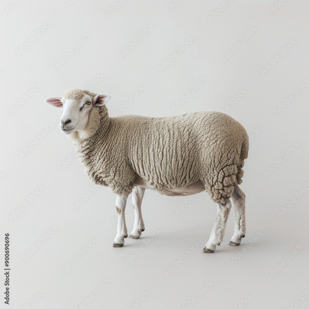 Fototapeta premium Medium shot of a sheep, isolated on a light solid pastel white background 