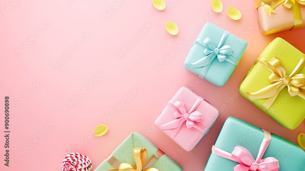 Colorful Gift Boxes and Sweets on a Bright Background Colorful Gift Boxes and Sweets on a Bright Background