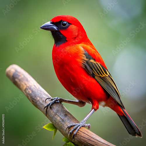 A vibrant red bird with black and feathers in forest image.