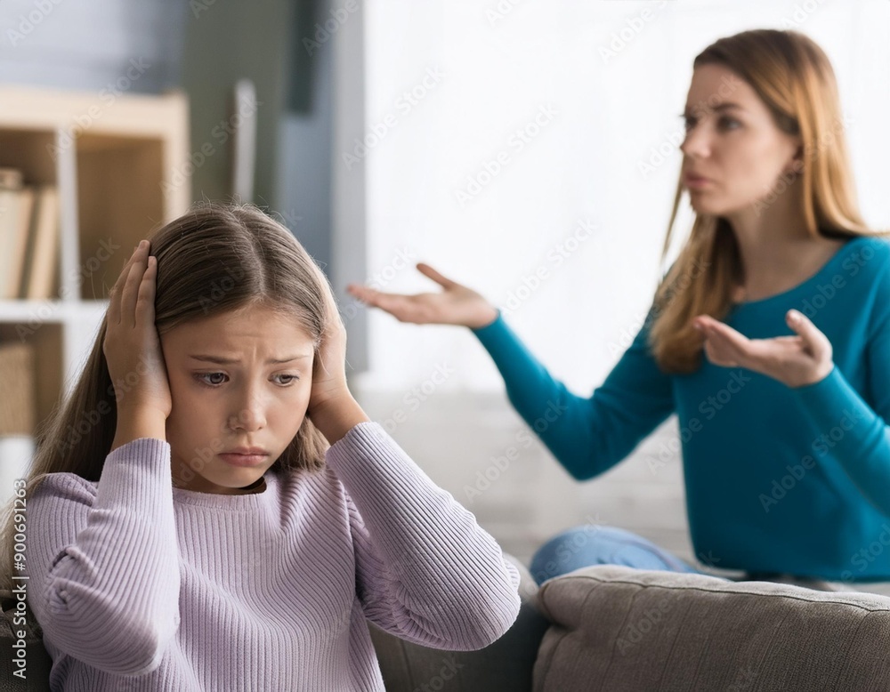 Family problems. Offended teen girl covering ears, not wanting to listen to her mother's scooling Family problems. Offended teen girl covering ears, not wanting to listen to her mother's scooling