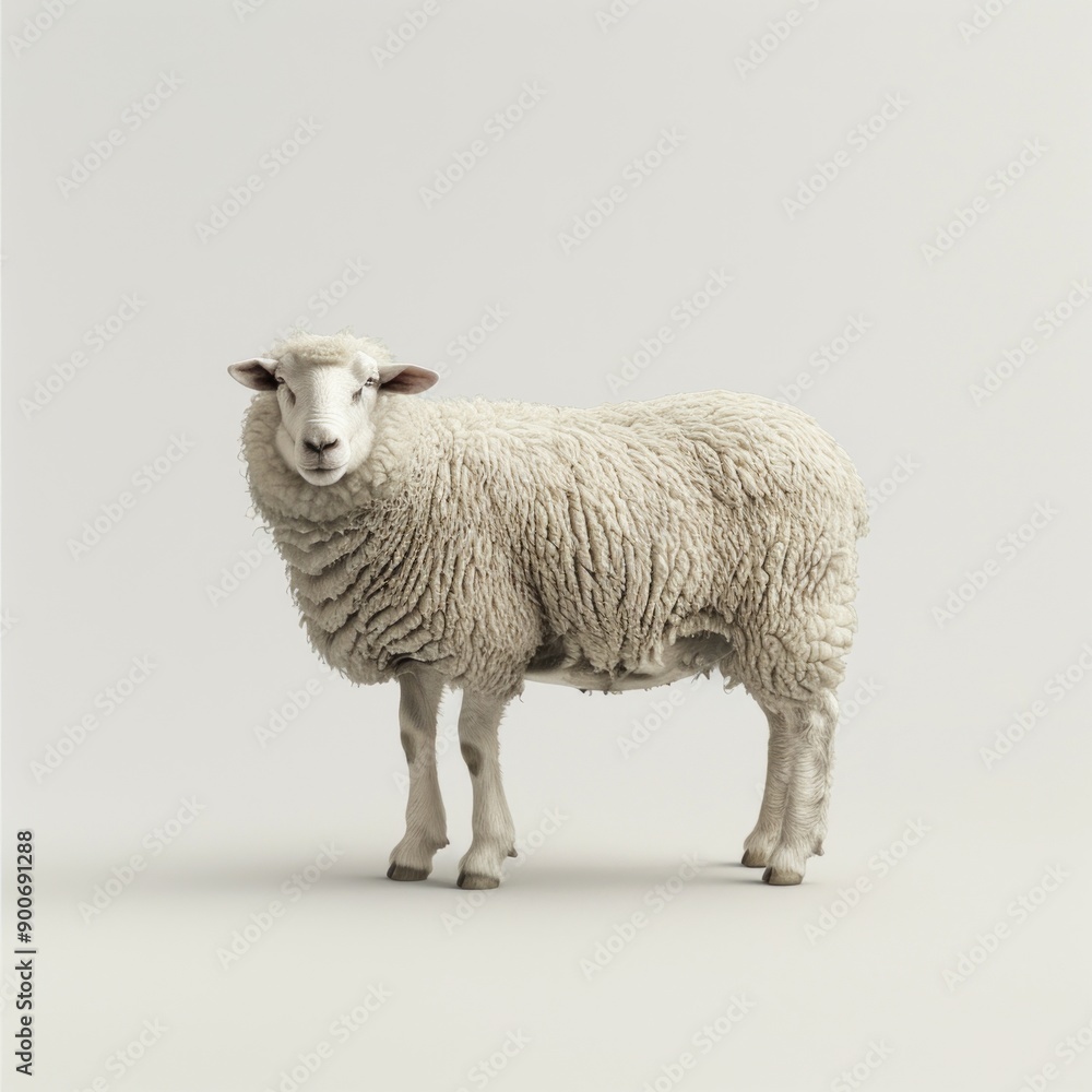 Fototapeta premium Medium shot of a sheep, isolated on a light solid pastel white background 