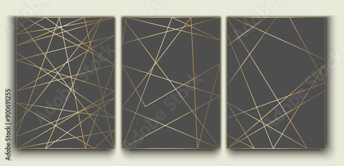 Set of luxury posters with golden lines. Dark textured backgrounds decorated with shiny gold. Geometric vertical patterns for design.Vector