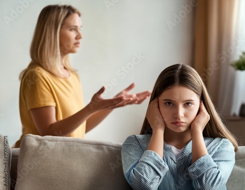 Family problems. Offended teen girl covering ears, not wanting to listen to her mother's scooling photo