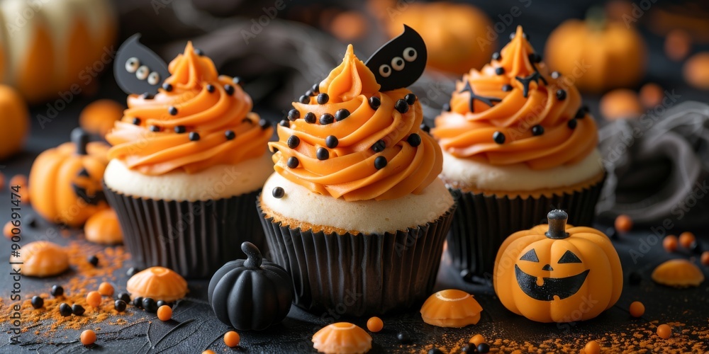 Halloween Cupcakes with Orange Frosting and Festive Decorations Surrounded by Mini Pumpkins Halloween Cupcakes with Orange Frosting and Festive Decorations Surrounded by Mini Pumpkins