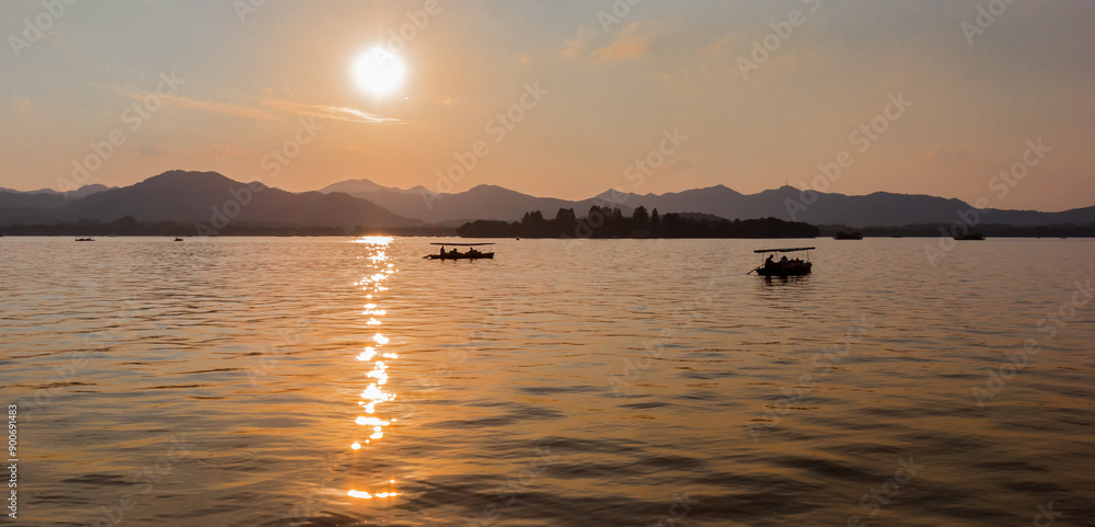 Panorama of sunset over West Lake in Hangzhou, China