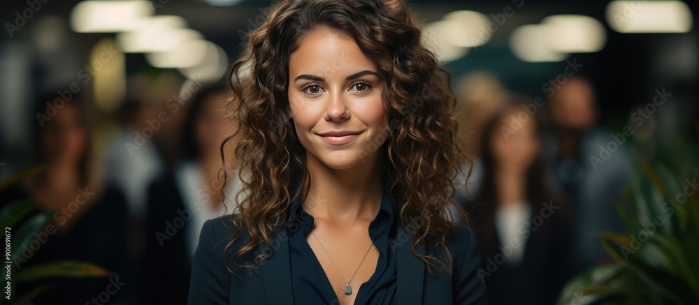 Happy smiling business woman in the office with employees working in the background Happy smiling business woman in the office with employees working in the background