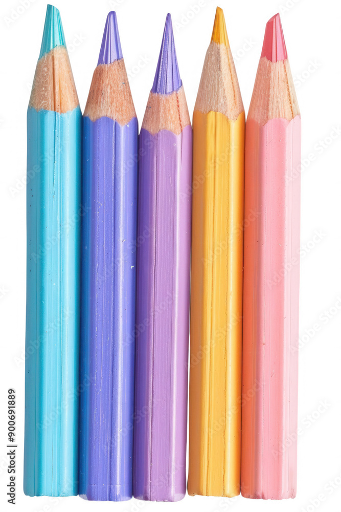 Four sharpened colored pencils in blue, purple, yellow and pink. Four sharpened colored pencils in blue, purple, yellow and pink.