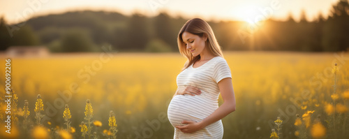 A beautiful pregnant woman wearing a striped dress stands in a sunny field of yellow flowers. The light is warm and she looks down with a gentle smile as she cradles her baby bump.