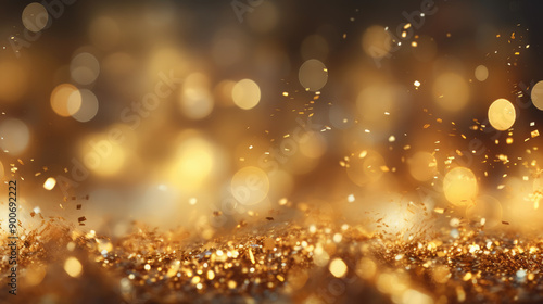 generated illustration of golden bokeh, raining light, blurry lights, blurry background, gold confettis