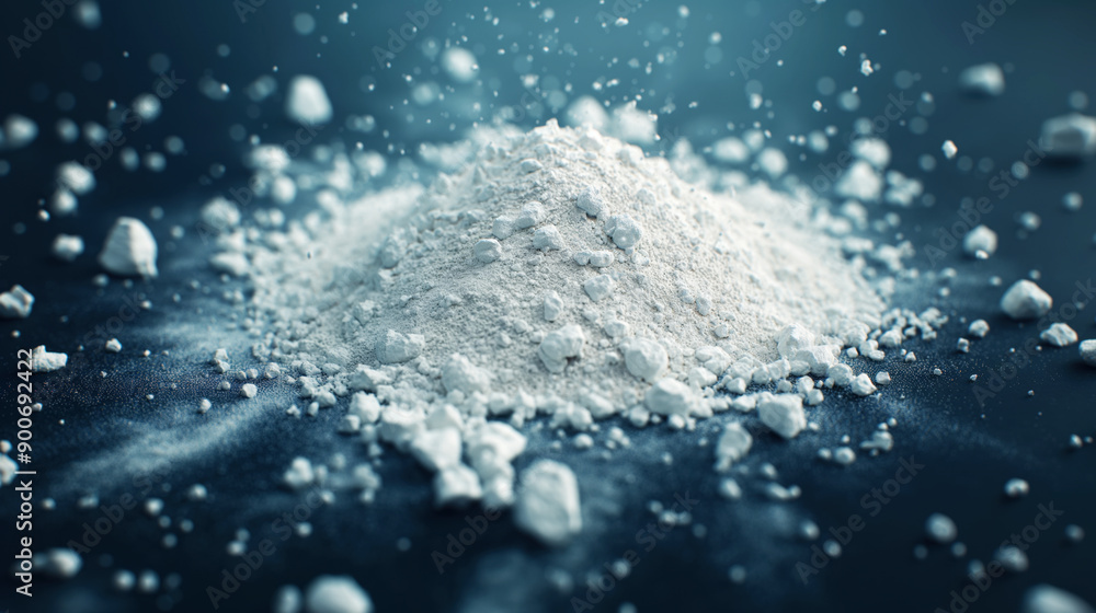 Close-up of a white powder pile with scattered particles on a blurred background. Close-up of a white powder pile with scattered particles on a blurred background.