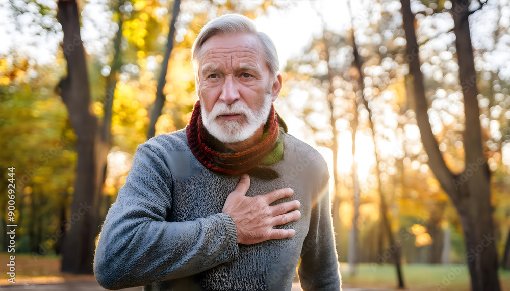 elder man with chest pain. heart attack patient. pain distorted face. walking in a park. elder man with chest pain. heart attack patient. pain distorted face. walking in a park.