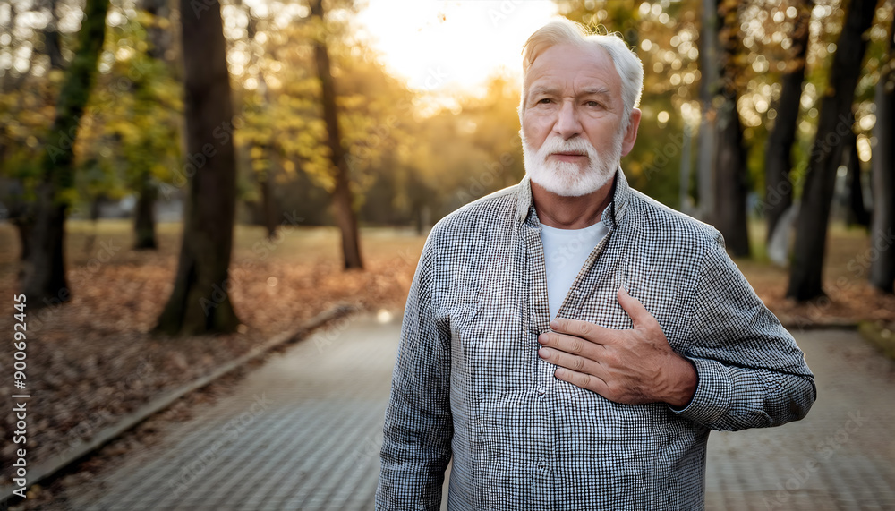 elder man with chest pain. heart attack patient. pain distorted face. walking in a park. elder man with chest pain. heart attack patient. pain distorted face. walking in a park.