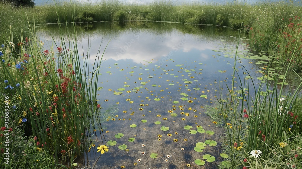 Fototapeta premium A tranquil pond surrounded by wildflowers and tall grasses, with clear water reflecting the sky, highlighting the significance of freshwater protection.