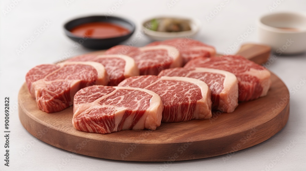 Several pieces of raw marbled beef steak on a wooden cutting board with bowls of dipping sauce and garnishes in the background. Several pieces of raw marbled beef steak on a wooden cutting board with bowls of dipping sauce and garnishes in the background.