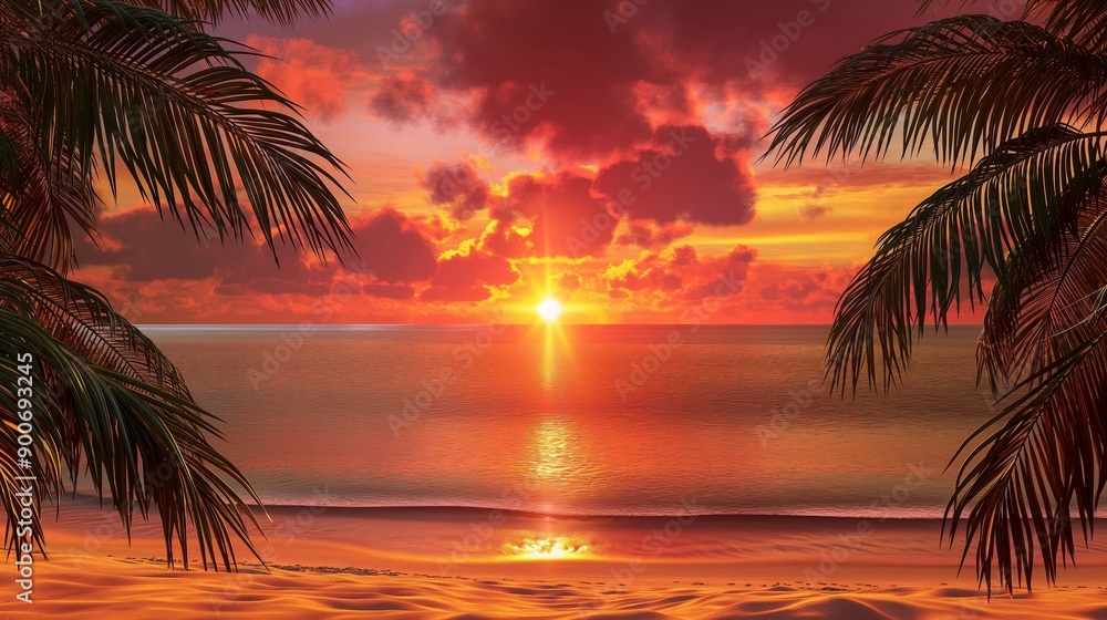 Fototapeta premium A tranquil tropical beach scene at sunset, with the sky ablaze in shades of red, orange, and pink, and the sun casting a golden path across the calm ocean, framed by palm trees.