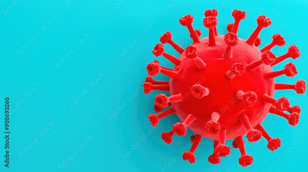 A close-up of a red virus model isolated against a bright blue background, symbolizing health and disease concepts. A close-up of a red virus model isolated against a bright blue background, symbolizing health and disease concepts.