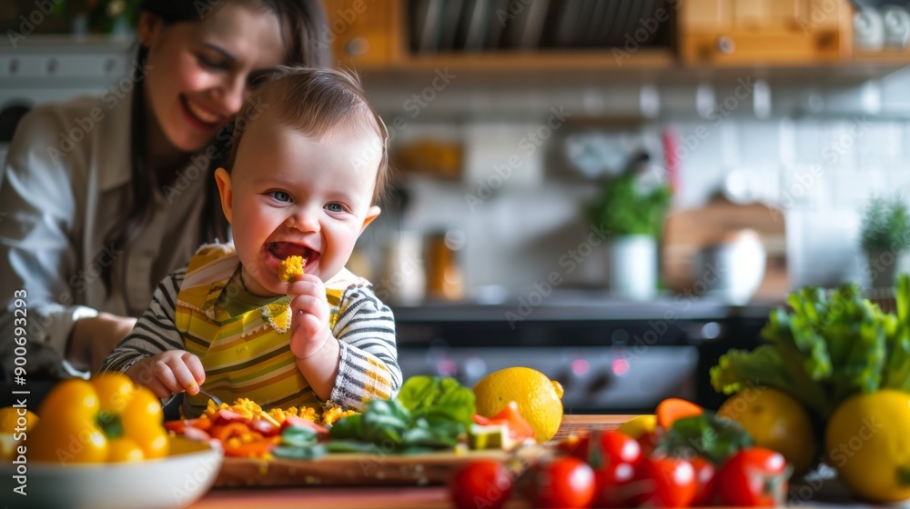 Happy Baby Enjoys Homemade Baby Food in a Bright, Cheerful Kitchen Setting with Fresh Ingredients Happy Baby Enjoys Homemade Baby Food in a Bright, Cheerful Kitchen Setting with Fresh Ingredients