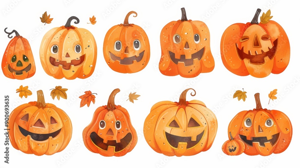Halloween pumpkins set. White background. Watercolor illustrations Halloween pumpkins set. White background. Watercolor illustrations