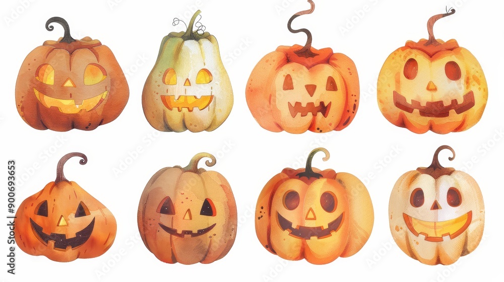 Halloween pumpkins set. White background. Watercolor illustrations Halloween pumpkins set. White background. Watercolor illustrations