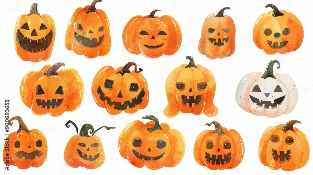 Halloween pumpkins set. White background. Watercolor illustrations Halloween pumpkins set. White background. Watercolor illustrations