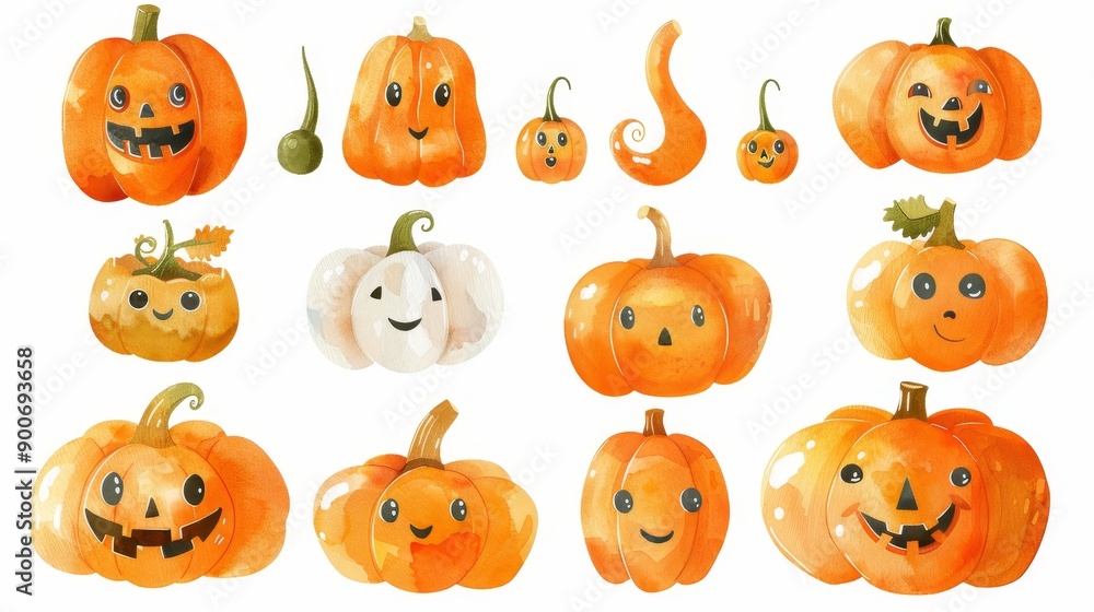 Fototapeta premium Halloween pumpkins set. White background. Watercolor illustrations
