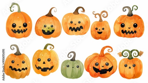 Halloween pumpkins set. White background. Watercolor illustrations