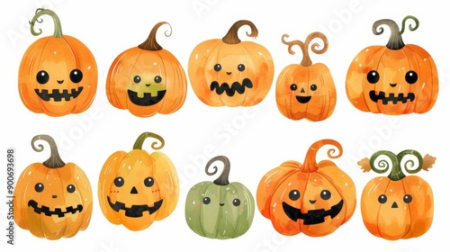 Halloween pumpkins set. White background. Watercolor illustrations © Jane Kelly