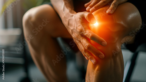 Man holding his knee with highlighted joint pain in a gym setting