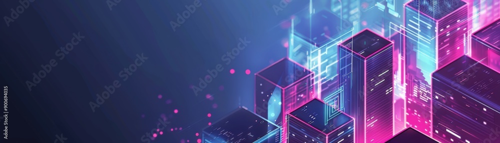 Futuristic digital landscape with vibrant pink and blue neon lights illuminating geometric shapes. Perfect for technology themes. Futuristic digital landscape with vibrant pink and blue neon lights illuminating geometric shapes. Perfect for technology themes.