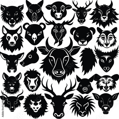 Animals heads drawn vector illustrations different sorts silhouettes set