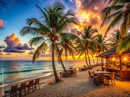 Vibrant bar on the beach at sunset, overlooking serene turquoise waters, swaying palms, and golden sand, exuding cozy tropical atmosphere, perfect for relaxation.