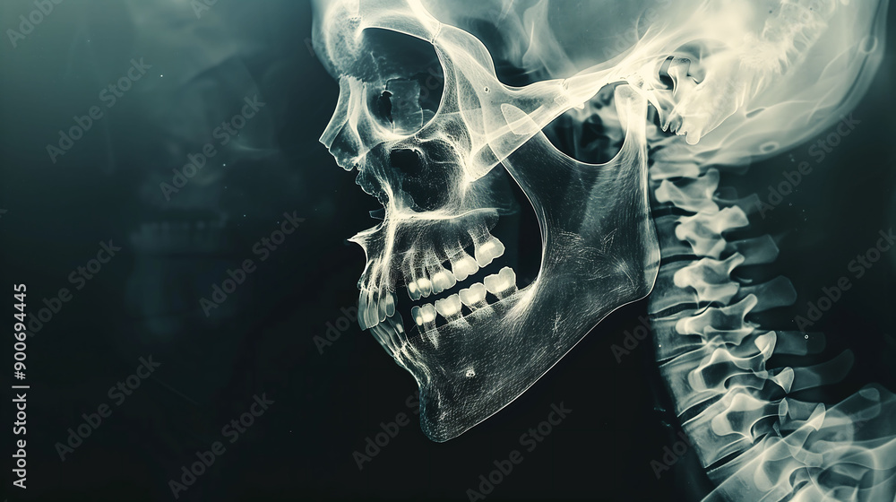 X-ray image of a human skull and neck in side profile X-ray image of a human skull and neck in side profile