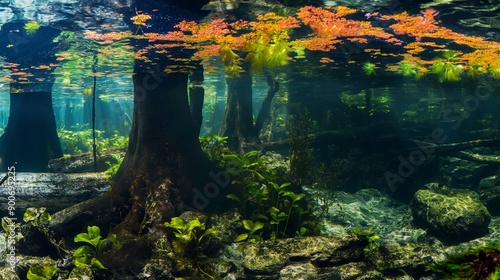 A unique freshwater ecosystem with clear water, submerged trees, and colorful algae, creating an unusual and vibrant underwater scene. photo