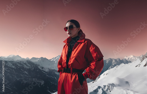 Winter sport fashion model wearing red tone clothes in snow mountain landscape, Generative AI