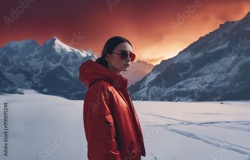 Winter sport fashion model wearing red tone clothes in snow mountain landscape, Generative AI photo