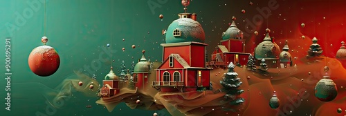 Red and green abstract background with surreal, floating holiday villages photo