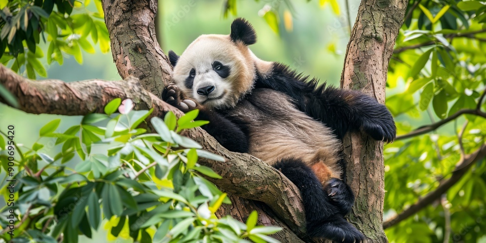 Tranquil Repose: Close-Up of a Peaceful Panda Resting in a Lush Canopy Tranquil Repose: Close-Up of a Peaceful Panda Resting in a Lush Canopy