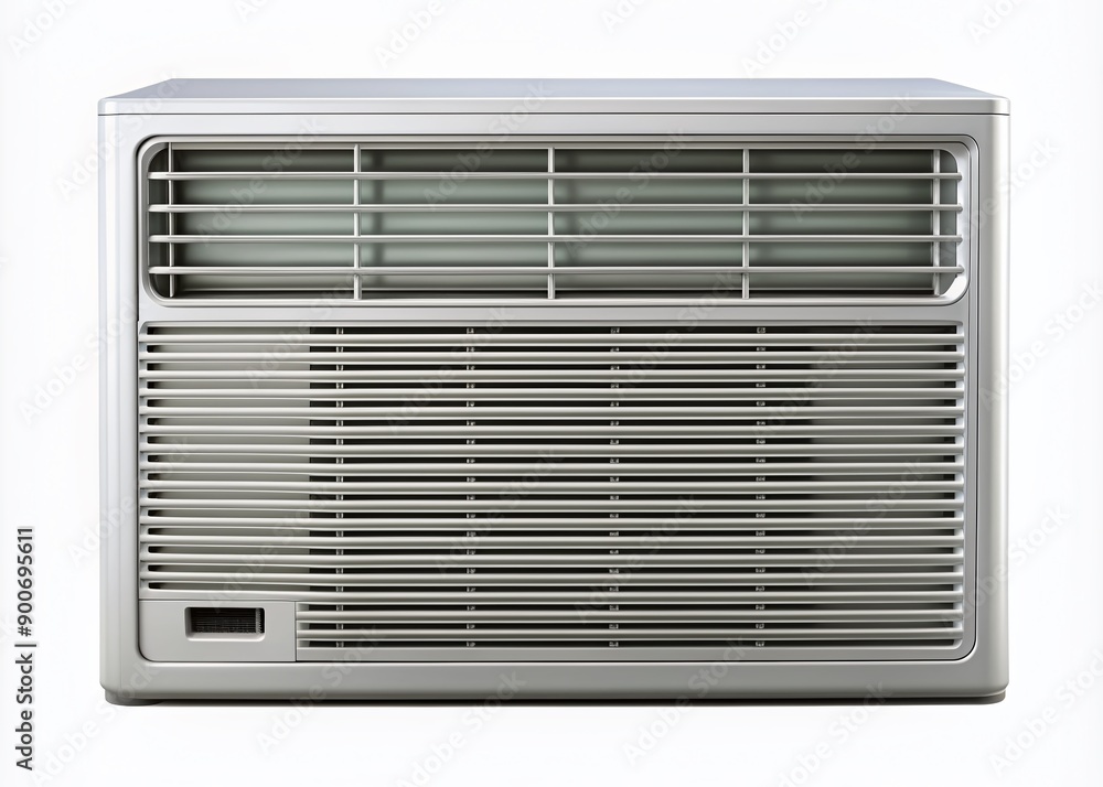 Modern air conditioning unit for windows, sleek and compact design, isolated on transparent background, showcasing its vents, controls and sleek metal casing. Modern air conditioning unit for windows, sleek and compact design, isolated on transparent background, showcasing its vents, controls and sleek metal casing.