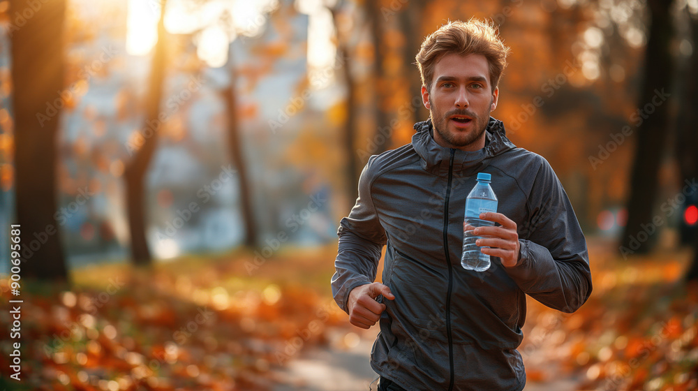 Obraz premium Young man jogging in a park during autumn with a water bottle, surrounded by colorful fall foliage
