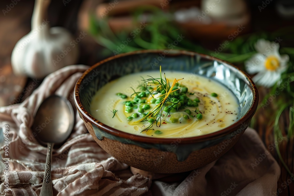 Warm bowl of creamy pea soup garnished with dill, served on a rustic wooden table Warm bowl of creamy pea soup garnished with dill, served on a rustic wooden table