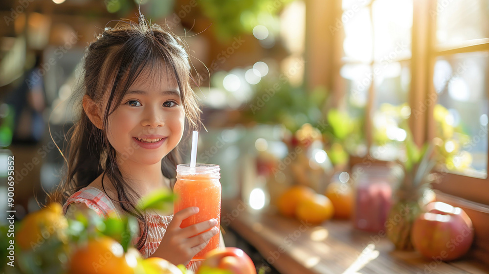 Little girl with a fruit smoothie in a sunlit room, surrounded by fresh fruits, smiling happily
Little girl with a fruit smoothie in a sunlit room, surrounded by fresh fruits, smiling happily