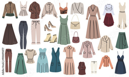 Big collection of woman's clothes in flat style. Hand drawn vector art.