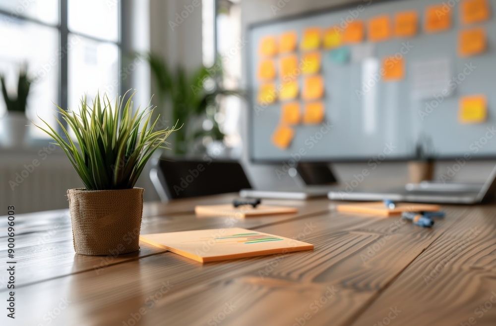 A modern office workspace featuring a potted plant, sticky notes, and a wooden table ambiance for creative brainstorming. A modern office workspace featuring a potted plant, sticky notes, and a wooden table ambiance for creative brainstorming.