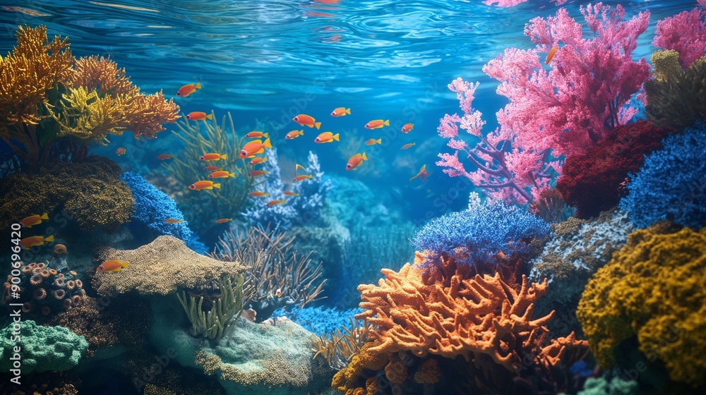 Naklejka premium A vibrant coral reef teeming with colorful fish, bright corals, and clear blue water, showcasing the diversity of marine life.