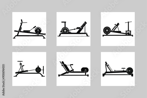 Black and White Rowing Leg Press Machine Vector Art Illustration.