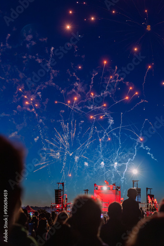 feu d'artifice de nuit face à des personnes regardant un concert 