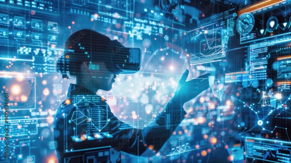 Woman wearing virtual reality headset interacts with futuristic holographic user interface in cyberspace Woman wearing virtual reality headset interacts with futuristic holographic user interface in cyberspace